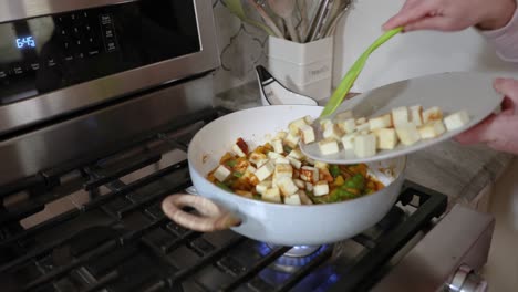 Woman-Adding-Cooked-Paneer-Into-Frying-Pan-Of-Hot-Vegetables-In-4K