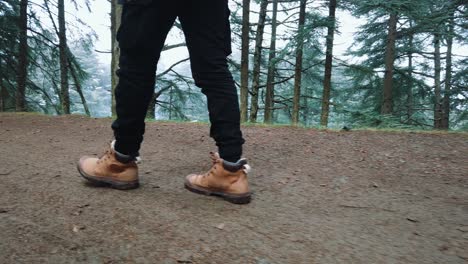 Close-up-follow-shot-of-male-sneackers-or-hiking-shoes-walk-in-soil-road-inside-forest