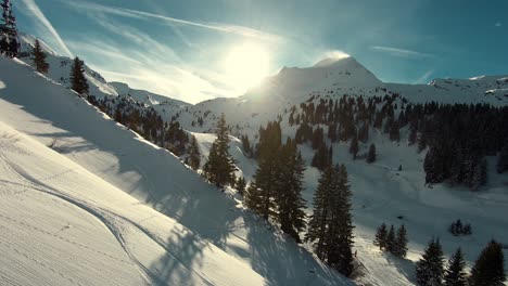 Fresh-Powder-Snow-Ski-Slopes-in-European-Alps-Mountains,-Beautiful-Aerial