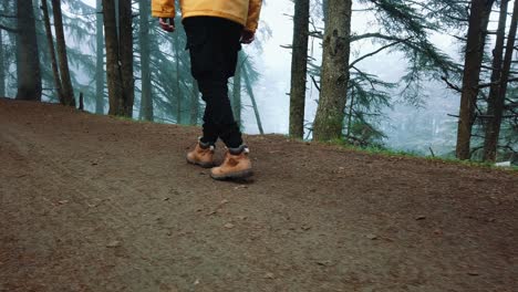 Follow-shot-of-male-sneackers-or-hiking-shoes-walk-in-soil-road-inside-forest
