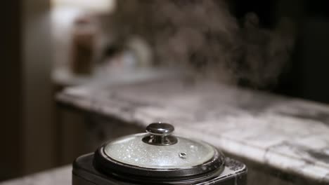 Reiskocher-Kocht-über-Und-Dampft-In-Zeitlupe