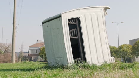 Cabin-Of-A-Destroyed-And-Abandoned-Van-In-The-Green-Meadow-Of-A-Farmer-In-The-Countryside-During-Sunny-Day---Static-medium-shot-low-angle