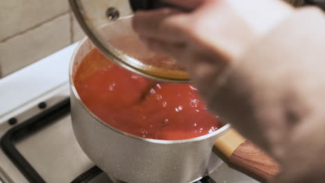 Dame-Kocht-Köstliche-Tomatensauce-Mit-Basilikum-Und-Dreht-Sie-Mit-Einem-Holzlöffel,-Während-Sie-Auf-Dem-Herd-Kocht---Statische-Rückansicht