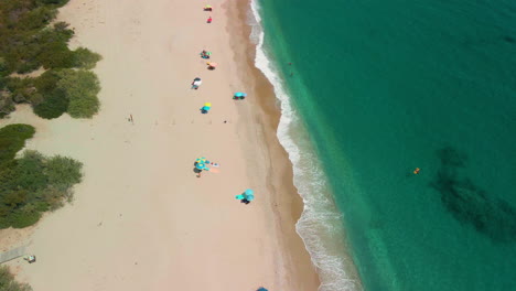 Scenic-View-Of-Tropical-Blue-Sea-With-Tourists-Under-Colorful-Umbrellas-On-White-Sand-Beach-In-Sardinia,-Italy---aerial,-top-down