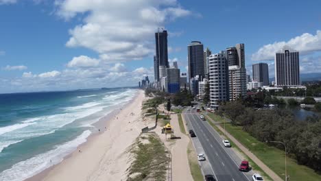 Aerial-view-of-the-main-beach-in-Australia's-Gold-Coast-skyscrapers-and-hotels-in-the-background