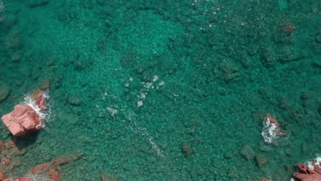 Top-Down-View-Of-Tropical-Crystal-Clear-Sea-With-Waves-Crashing-Against-The-Red-Rock-Cliffs-On-A-Sunny-Day-In-Sardinia,-Italy---Aerial-drone-view-in-static-shot