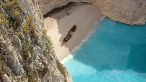 Nobody-at-Greece-Travel-Destination-of-Navagio-Shipwreck-Beach,-Aerial