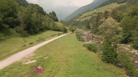 üppige-Vegetation-Im-Tal-Am-Fluss-Und-Silhouettierte-Alpen-Im-Hintergrund-In-Norditalien