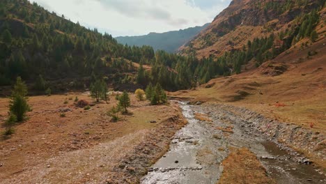 Malerische-Berglandschaft-Mit-Grünen-Nadelbäumen-Und-Wasserbach-An-Einem-Sonnigen-Herbsttag---Aufsteigende-Drohne