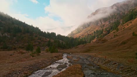 Stream-Flowing-Through-Valleys-In-Beautiful-Mountains-In-Autumn-Colors-With-Green-Fir-Trees-In-Valle-Argentera,-Italy-At-Sunrise