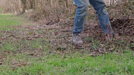 Man-In-Blue-Jeans-Walking-And-Works-In-The-Woods-In-The-Middle-Of-The-Brambles-While-Clearing-the-Area-During-the-Winter---Low-Angle-Shot,-Slow-Motion