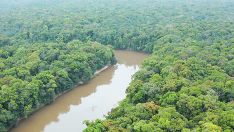 Vista-Aérea-De-Un-Río-De-Almejas-Que-Atraviesa-La-Selva-En-Guyana