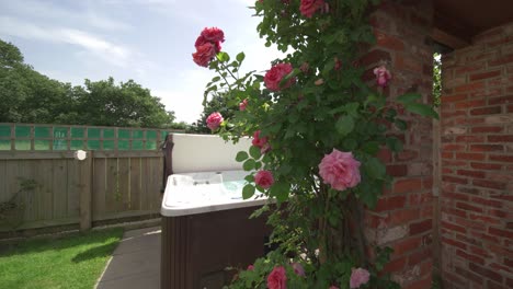 Low-to-high-rising-shot-of-roses-and-vines-wrapped-around-building-with-hot-tub-in-background-on-sunny-summer-day-in-holiday-rental