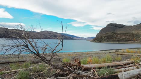 Push-in-Shot-over-burned-tree-stumps-towards-Kamloops-lake-on-a-partly-cloudy-day-in-the-autumn-in-a-desert-landscape-in-the-Nicola-Thompson-Region-in-BC-Canada