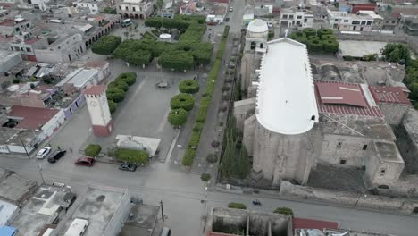 temple-in-downtown-Copandaro,-Michoacan-with-drone