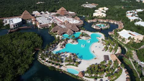 Luxury-Hotel-Resort-at-Mexican-Coastline-of-Caribbean-Sea,-Pools-and-Buildings,-Drone-Aerial-View