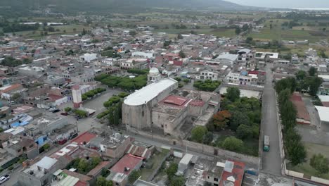 temple-in-downtown-Copandaro,-Michoacan-with-drone