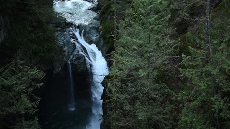 Filmszene-Eines-Wasserfalls-Innerhalb-Einer-Klippe-Im-Regenwald-Des-Lynn-Valley-In-North-Vancouver,-BC,-Kanada,-Schwenk-Nach-Rechts