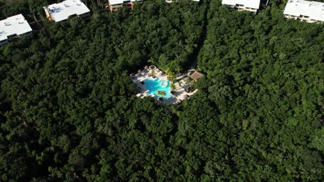 Aerial-View-of-Luxury-Villa-and-Pool-in-Rainforest-of-Yucatan-Mexico,-Drone-Shot