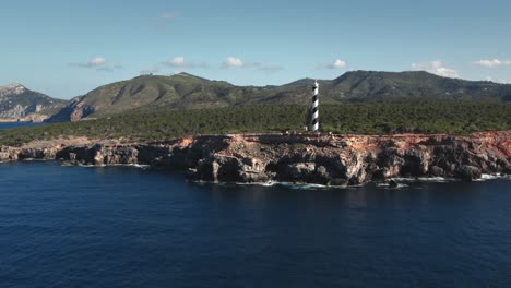 Tall-and-thin-striped-lighthouse-on-clifftop-looking-over-ocean-water