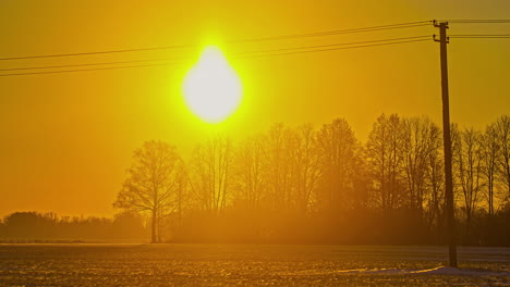 Bright-Yellow-Sun-Rising-Over-Trees-Against-Orange-Skies-With-Telegraph-Pole-In-View