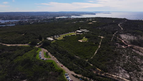 High-Drone-shot-over-dense-park-bushland-with-Sea-and-suburbs-in-the-background-headland-in-Australia