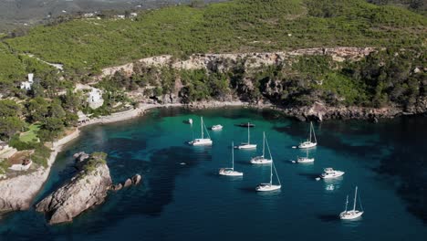 Yachts-and-sailing-boats-docked-in-beautiful-cove-on-coast-of-island