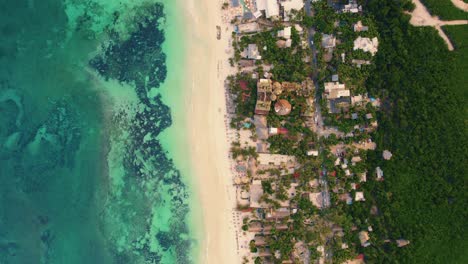 Drone-top-shot-of-Akiin-Beach-with-turquoise-colour,-Tulum,-Mexico
