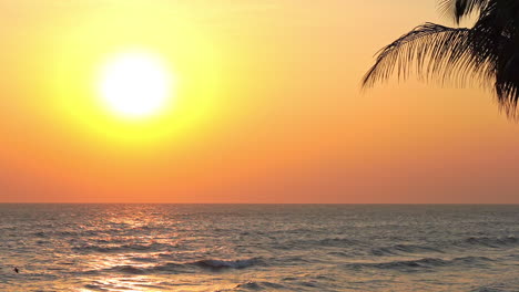 Evening-Sun-in-Tropical-Paradise,-Yellow-Skyline-and-Wind-Above-Sea-Waves-and-Palm-Tree,-Slow-Motion