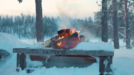 Lapland-snow-covered-campfire-stove-with-charred-firewood-logs-burning-outside