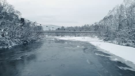 Drone-view-of-frozen-river,-swimming-wild-ducks,-hanging-bridge-in-winter-morning