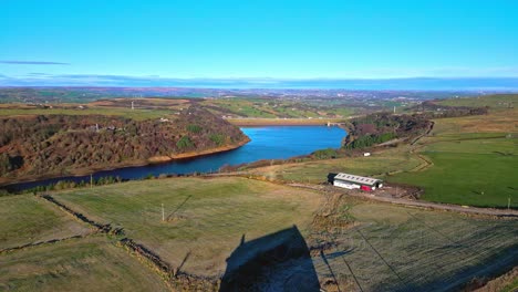 Aerial-drone-footage-of-Scammonden-Reservoir-with-the-M62-motorway-bridge