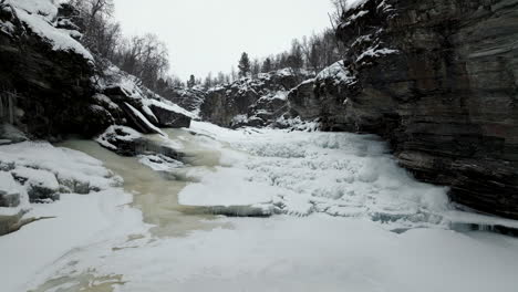 Canyon-with-frozen-river-surrounded-by-leafless-forest-trees,-winter
