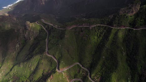 Top-down-parallax-effect-aerial-shot-of-an-epic-mountain-pass-in-Tenerife