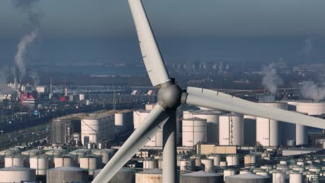 Close-Up-Aerial-Drone-Shot-of-Wind-Turbine-Blades-Moving