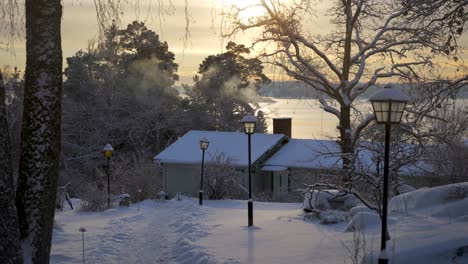 Snowy-with-house-and-chimney-in-december,-christmas