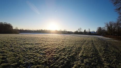 FPV-flying-alongside-snowy-winter-woodland-field-during-sunlit-golden-hour-sunrise
