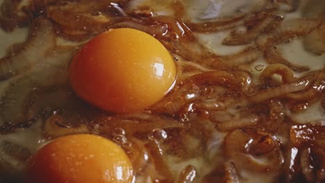 Macro-shot-of-egg-yolks-floating-on-their-whites-mixed-with-fried-onion,-adding-salt-to-it