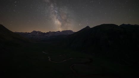 Night-time-lapse-of-the-movement-of-the-stars-and-the-Milky-Way-over-the-Aguas-Tuertas-Valley,-in-the-Pyrenees-of-Huesca,-Spain