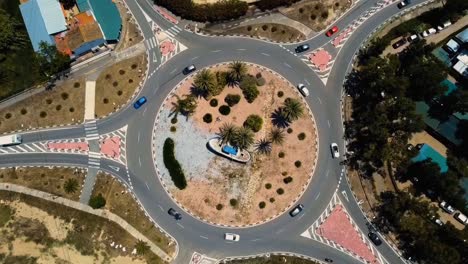Aerial-view-of-traffic-flow-at-a-roundabout