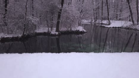 Gentle-snowfall-across-Niebieskie-Zrodla-cold-snowy-blue-springs-woodland-pool,-Poland-winter-landscape