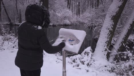 Warm-dressed-female-removing-snowfall-from-information-board-overlooking-Niebieskie-Zrodla-woodland-river