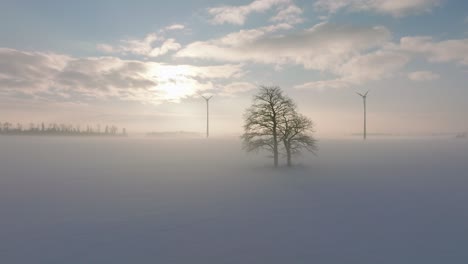 Aerial-view-of-wind-turbines-generating-renewable-energy-in-the-wind-farm,-snow-filled-countryside-landscape-with-fog,-sunny-winter-evening-with-golden-hour-light,-wide-tracking-drone-shot-moving-left