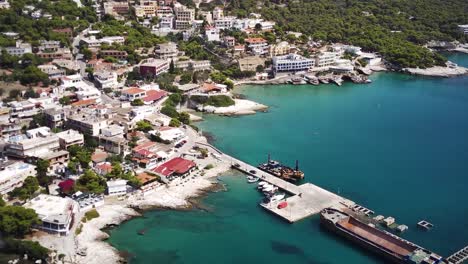 Drone-view-of-the-Agia-Marina-beach-in-Aigina,-Greece