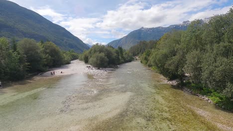 Soča-river-in-Bovec,-Slovenia-in-a-sunny-day