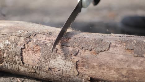 Close-up-on-man-cutting-tree-trunk-with-handsaw-to-make-campfire-in-forest-camp