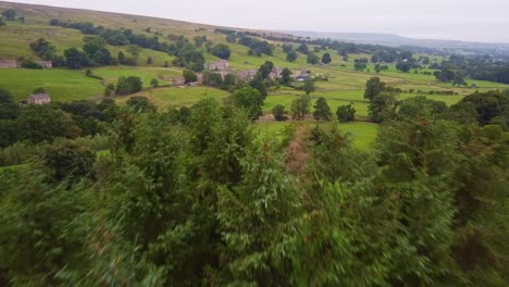 Luftaufnahme-Zeigt-Yorkshire-Moors-Valley-über-Bäumen-Im-Sommer