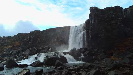 Slowmotion-shot-of-waterfall-and-river-blue-skies-is-Iceland