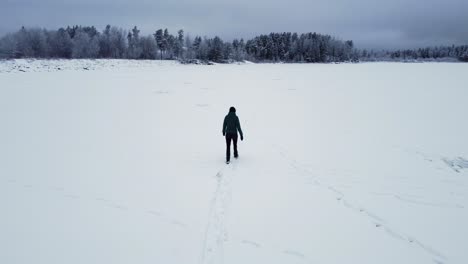 Frau-Zu-Fuß-Auf-Einem-Zugefrorenen-See