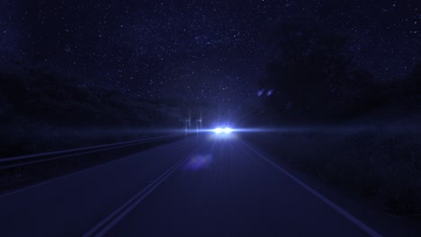 Rear-facing-night-driving-point-of-view-POV-for-interior-car-scene-green-screen-replacement---night-on-quiet-deserted-country-road,-under-a-starry-sky,-with-omonous-lights-of-a-single-car-following